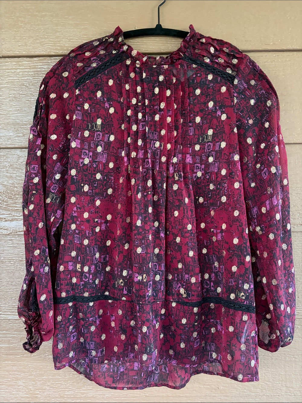 Anthropologie HD in Paris Burgundy Printed Long-Sleeve Pintuck Blouse -Sz XS